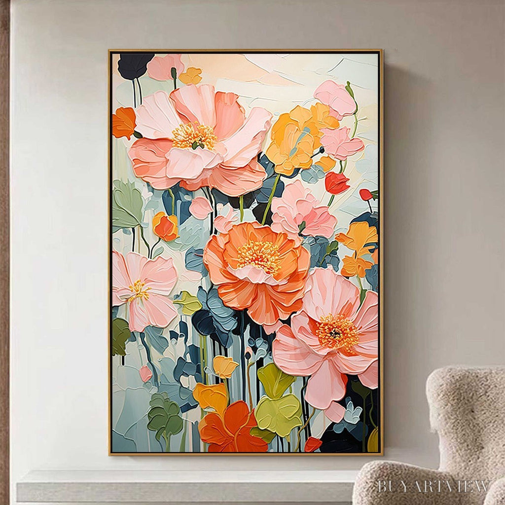 ARTOVITAS Spring Bouquet – Vertical Textured Floral Painting, Impasto Pink and Orange Flowers, Living Room, Bedroom,… - image 2