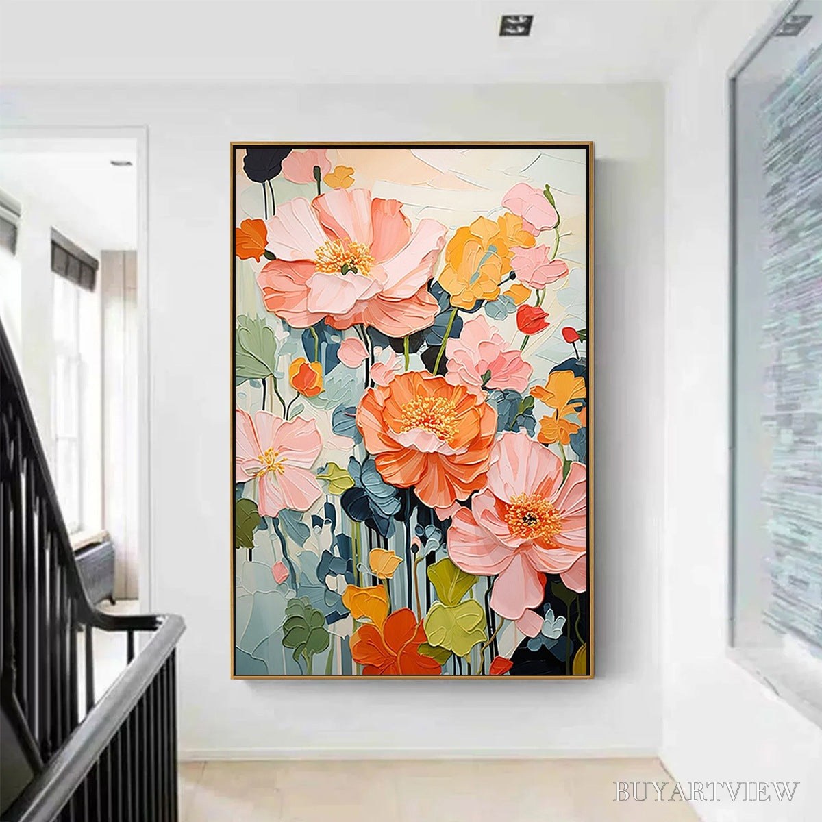 ARTOVITAS Spring Bouquet – Vertical Textured Floral Painting, Impasto Pink and Orange Flowers, Living Room, Bedroom,… - image 4