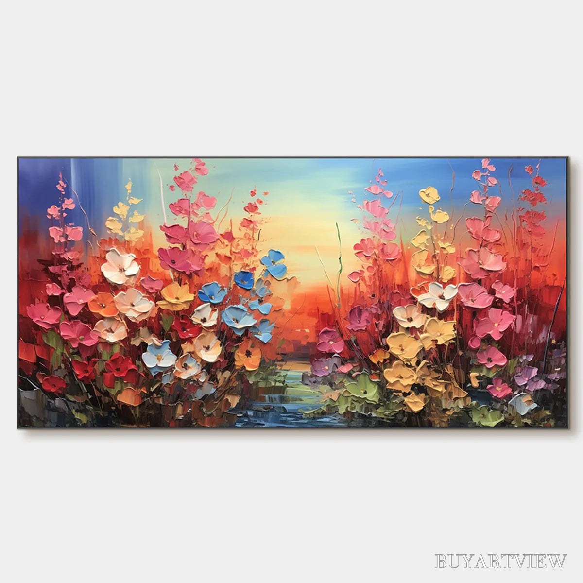 ARTOVITAS Blooming Meadow – Panoramic Floral Landscape Painting, Impasto Flowers, Colorful, Living Room, Bedroom,… - image 1