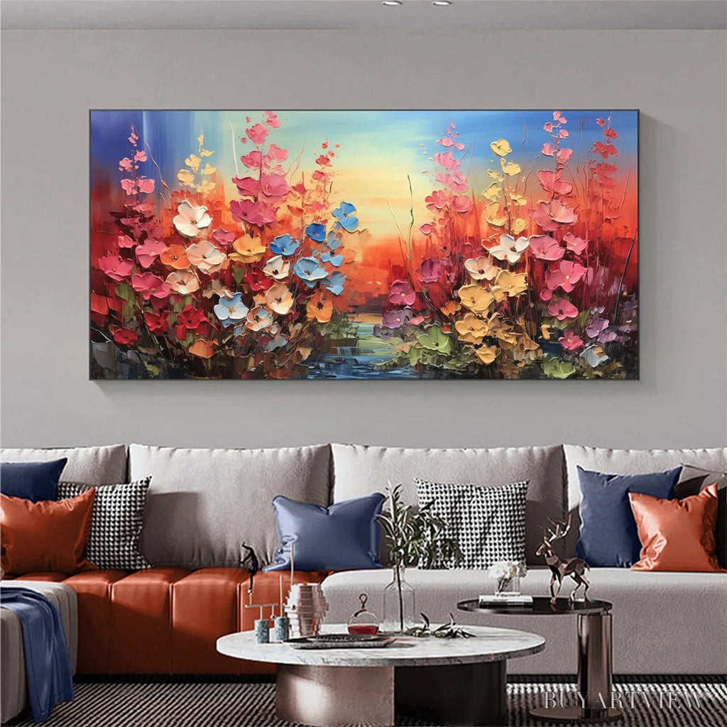 ARTOVITAS Blooming Meadow – Panoramic Floral Landscape Painting, Impasto Flowers, Colorful, Living Room, Bedroom,… - image 2