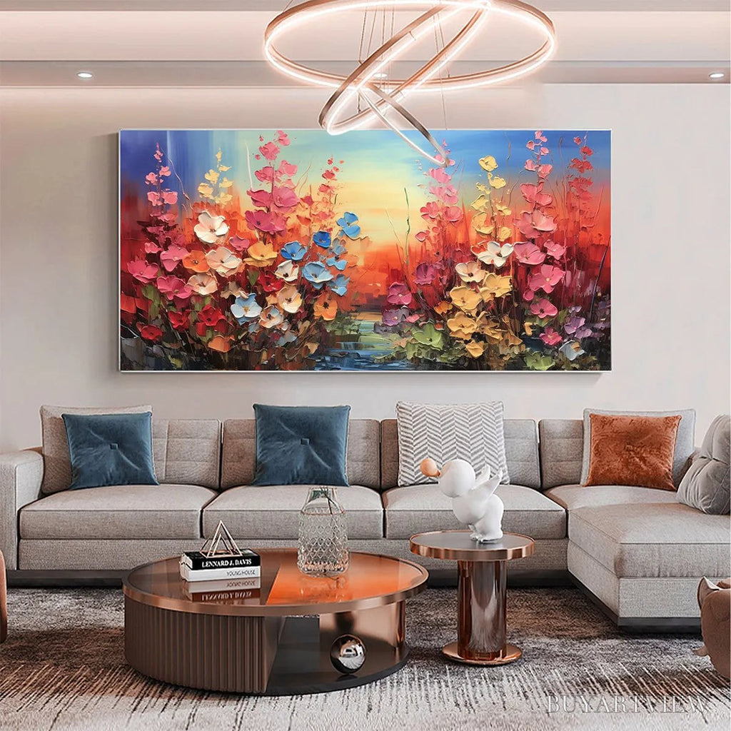 ARTOVITAS Blooming Meadow – Panoramic Floral Landscape Painting, Impasto Flowers, Colorful, Living Room, Bedroom,… - image 5
