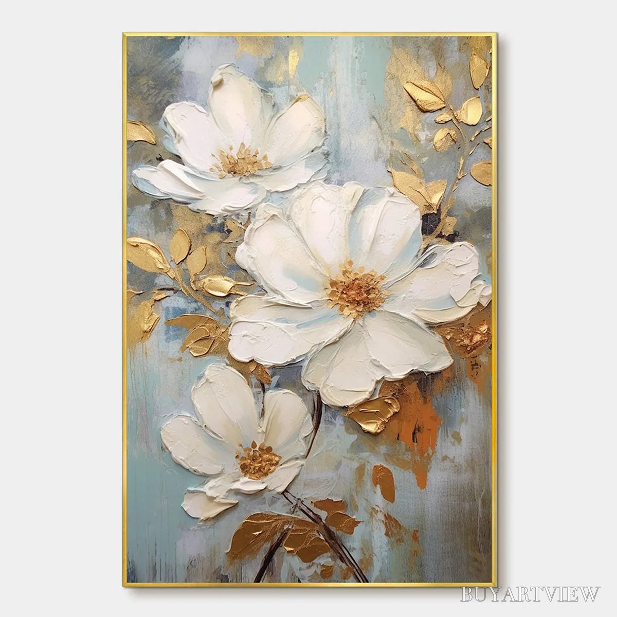 ARTOVITAS Golden Blossoms – Vertical Textured Floral Painting, Impasto White Flowers, Gold Accents, Living Room, Bedroom - image 1