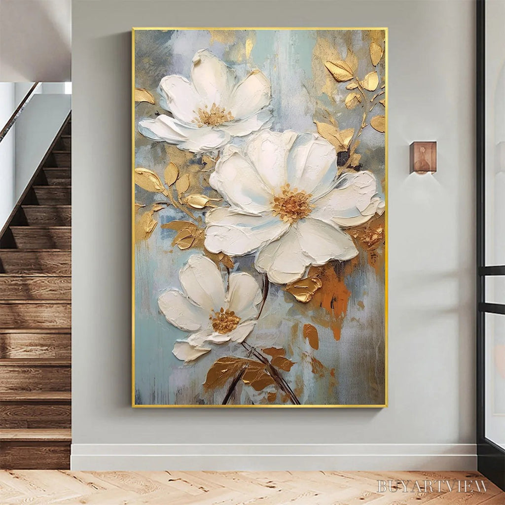 ARTOVITAS Golden Blossoms – Vertical Textured Floral Painting, Impasto White Flowers, Gold Accents, Living Room, Bedroom - image 2