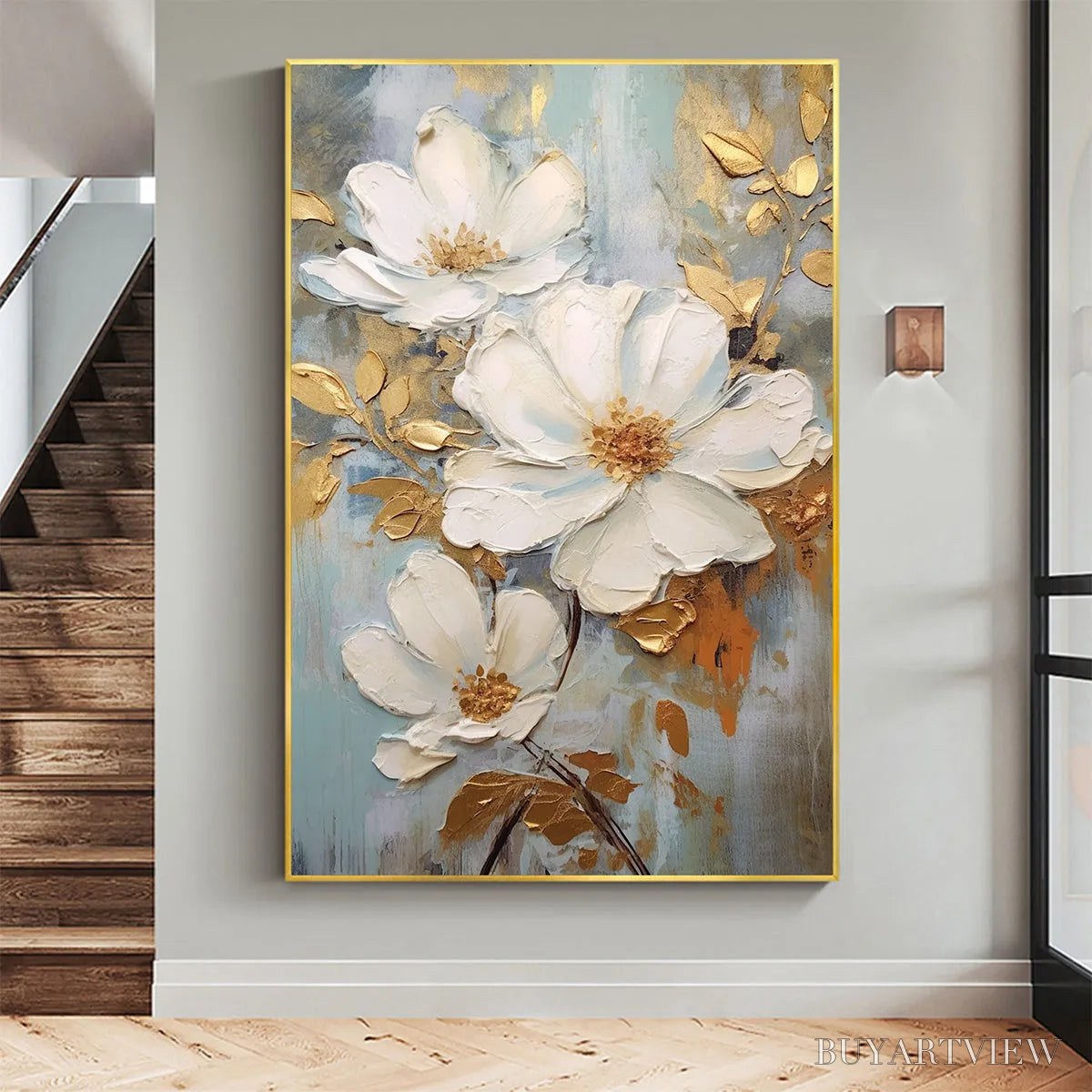 ARTOVITAS Golden Blossoms – Vertical Textured Floral Painting, Impasto White Flowers, Gold Accents, Living Room, Bedroom - image 2