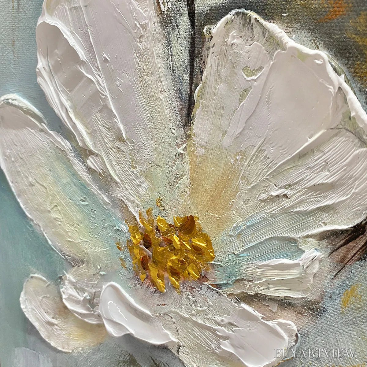 ARTOVITAS Golden Blossoms – Vertical Textured Floral Painting, Impasto White Flowers, Gold Accents, Living Room, Bedroom - image 3