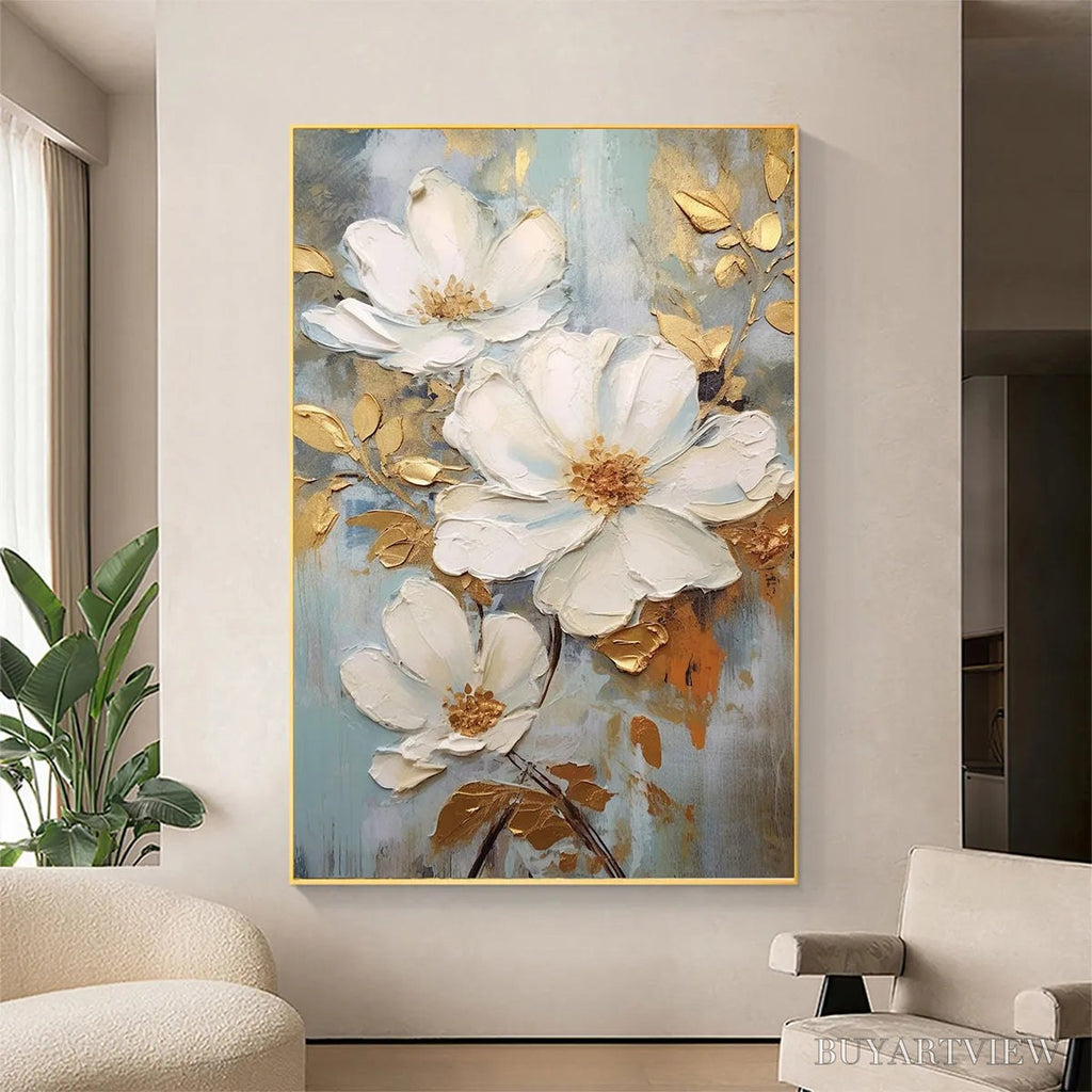 ARTOVITAS Golden Blossoms – Vertical Textured Floral Painting, Impasto White Flowers, Gold Accents, Living Room, Bedroom - image 4