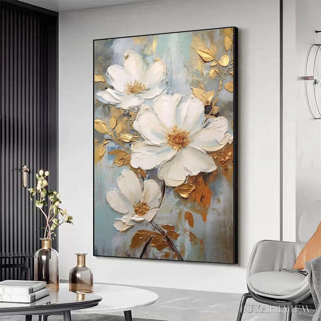 ARTOVITAS Golden Blossoms – Vertical Textured Floral Painting, Impasto White Flowers, Gold Accents, Living Room, Bedroom - image 5