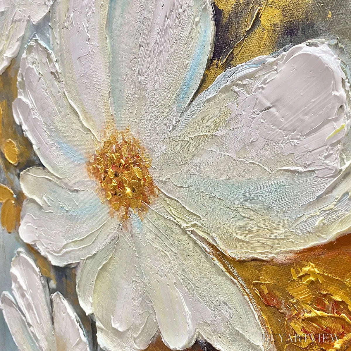 ARTOVITAS Golden Blossoms – Vertical Textured Floral Painting, Impasto White Flowers, Gold Accents, Living Room, Bedroom - image 6