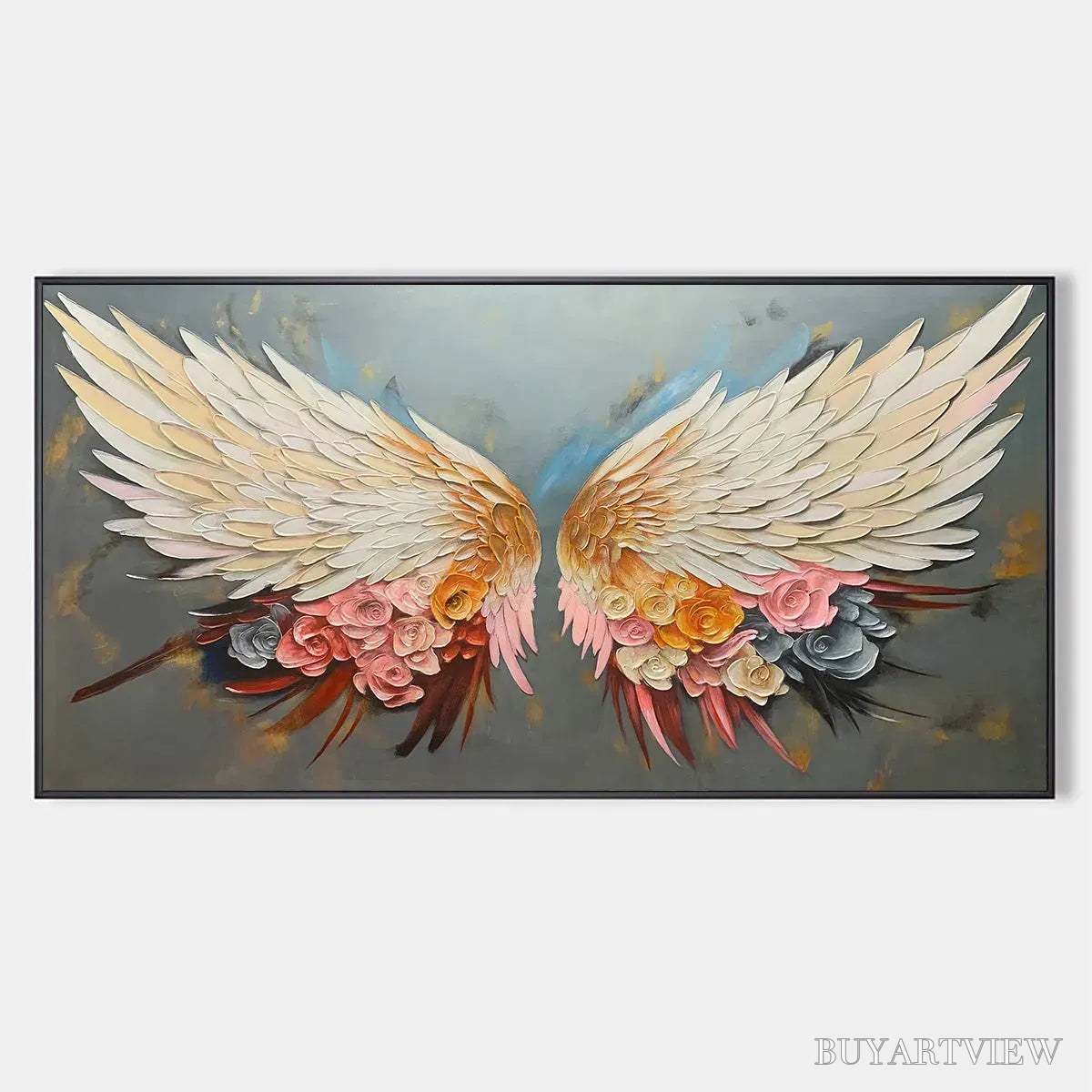 ARTOVITAS Angel Wings – Panoramic Textured Impasto Painting of Floral Angel Wings, Romantic , Bedroom Decor - image 1
