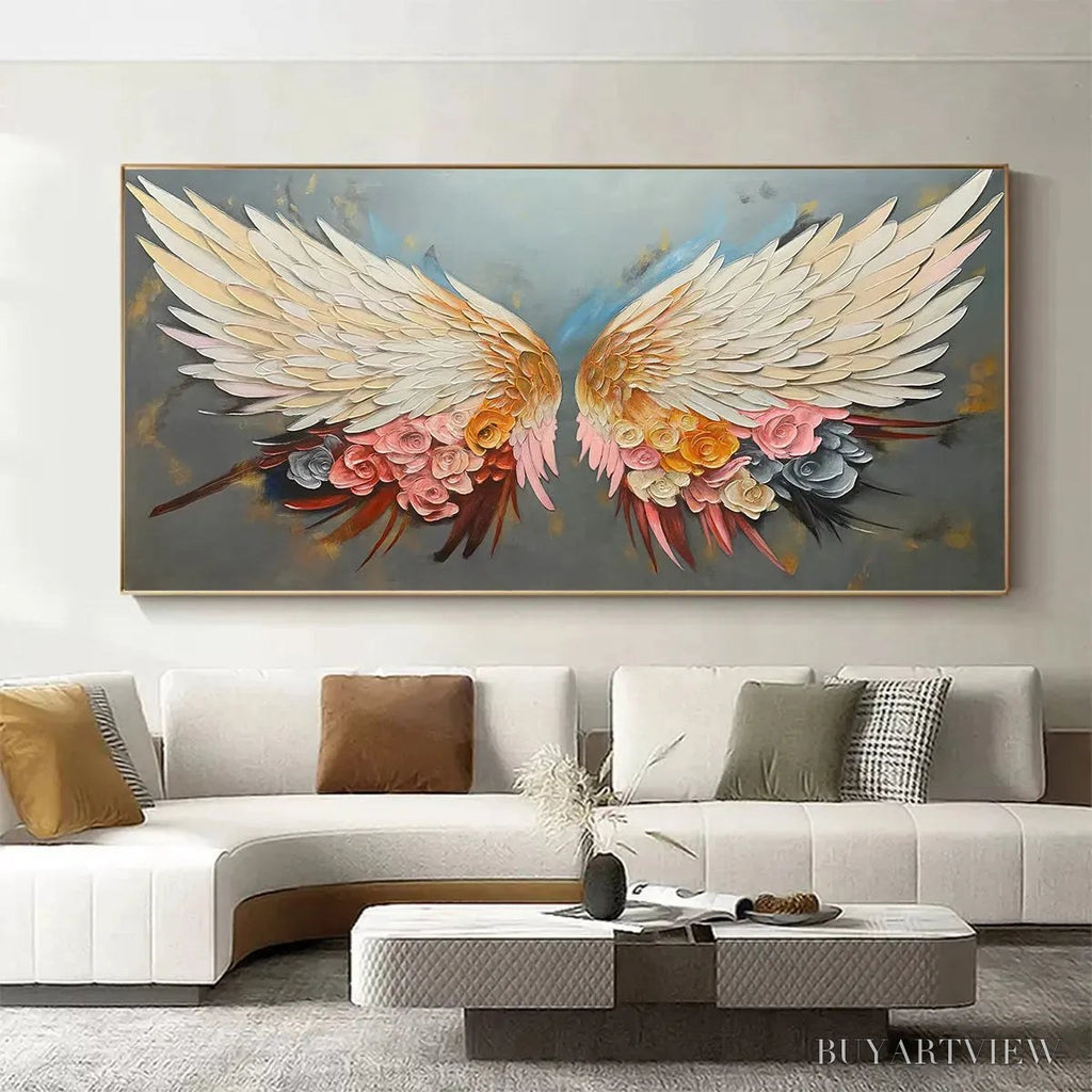 ARTOVITAS Angel Wings – Panoramic Textured Impasto Painting of Floral Angel Wings, Romantic , Bedroom Decor - image 2