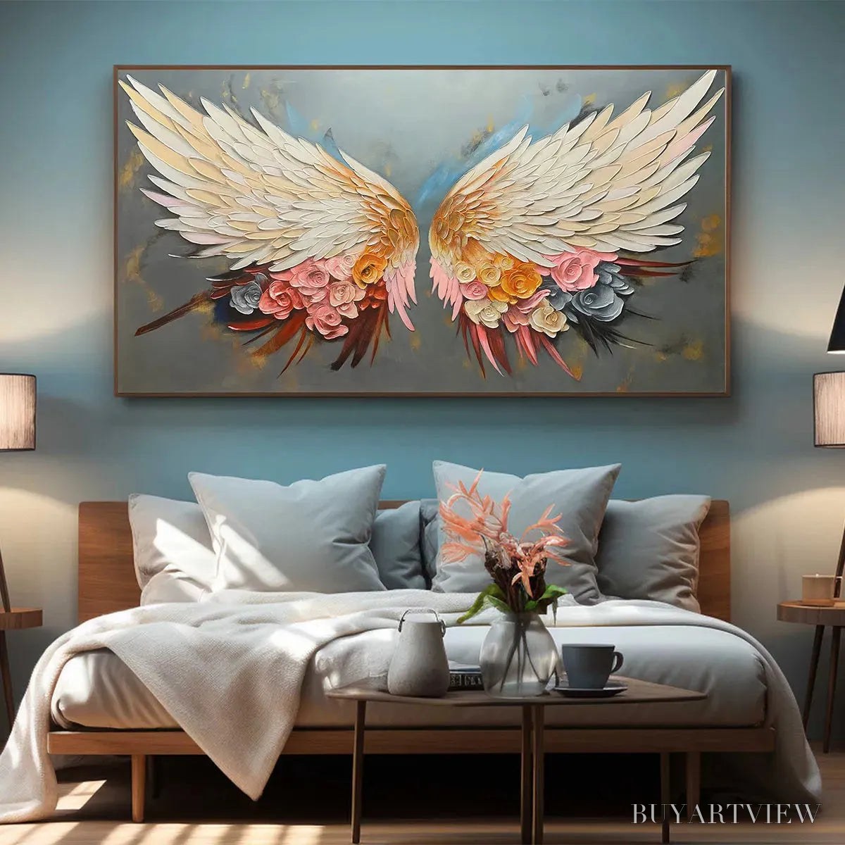 ARTOVITAS Angel Wings – Panoramic Textured Impasto Painting of Floral Angel Wings, Romantic , Bedroom Decor - image 4