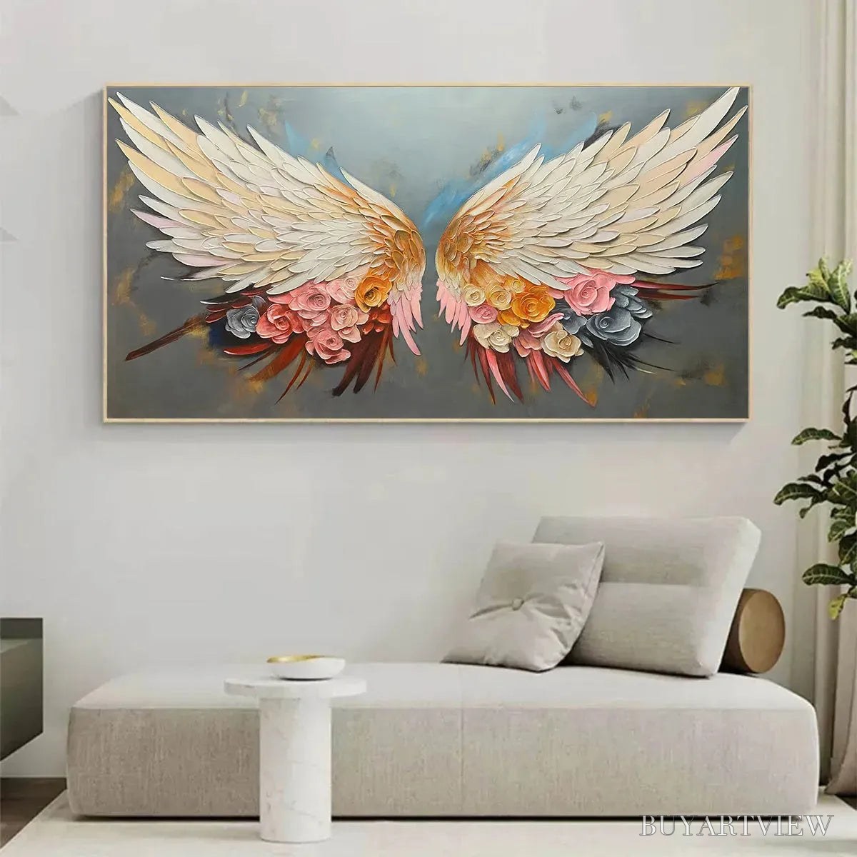 ARTOVITAS Angel Wings – Panoramic Textured Impasto Painting of Floral Angel Wings, Romantic , Bedroom Decor - image 5