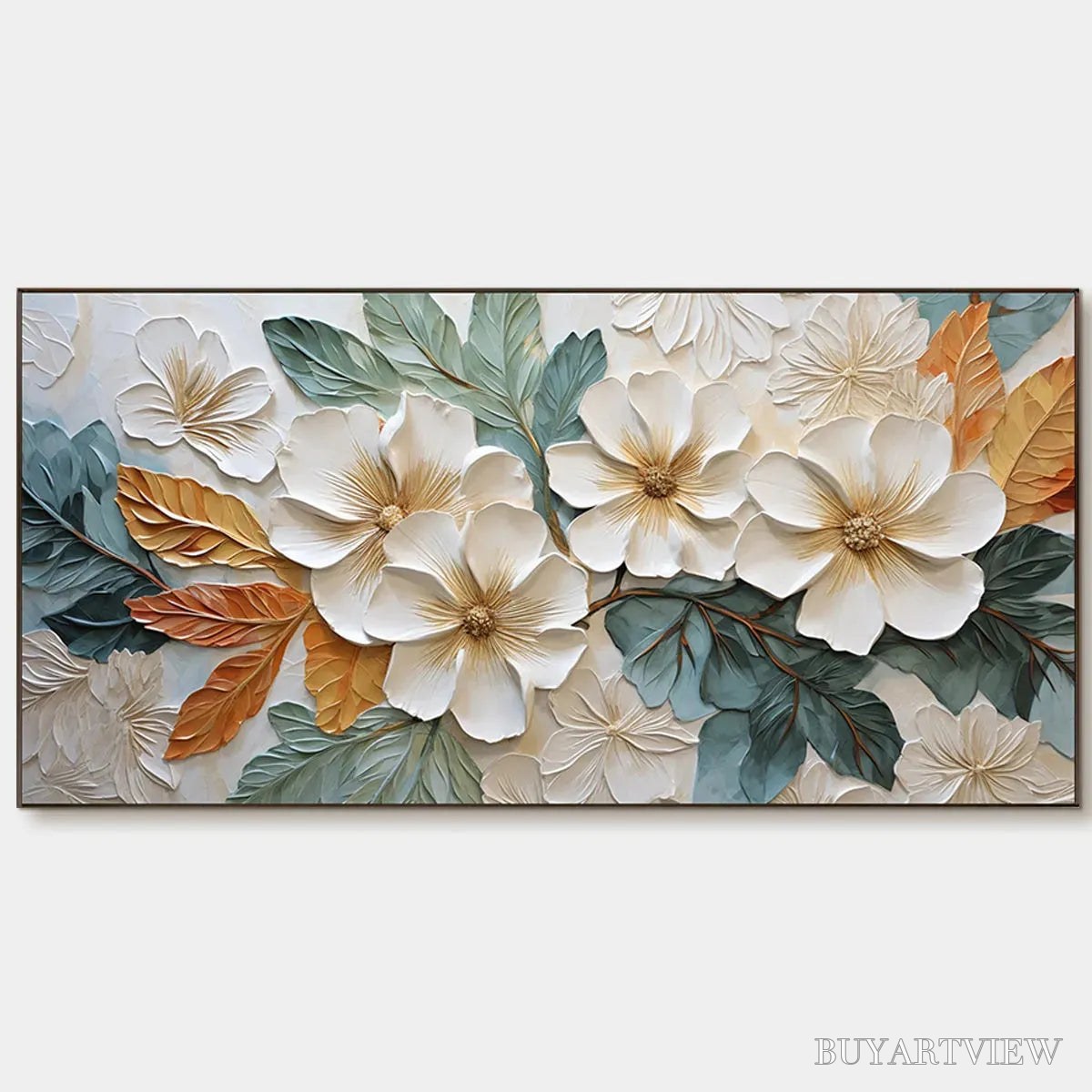 ARTOVITAS White Magnolias – Horizontal Textured Floral Painting, White and Gold Magnolias, Modern , Living Room, Bedroom - image 1