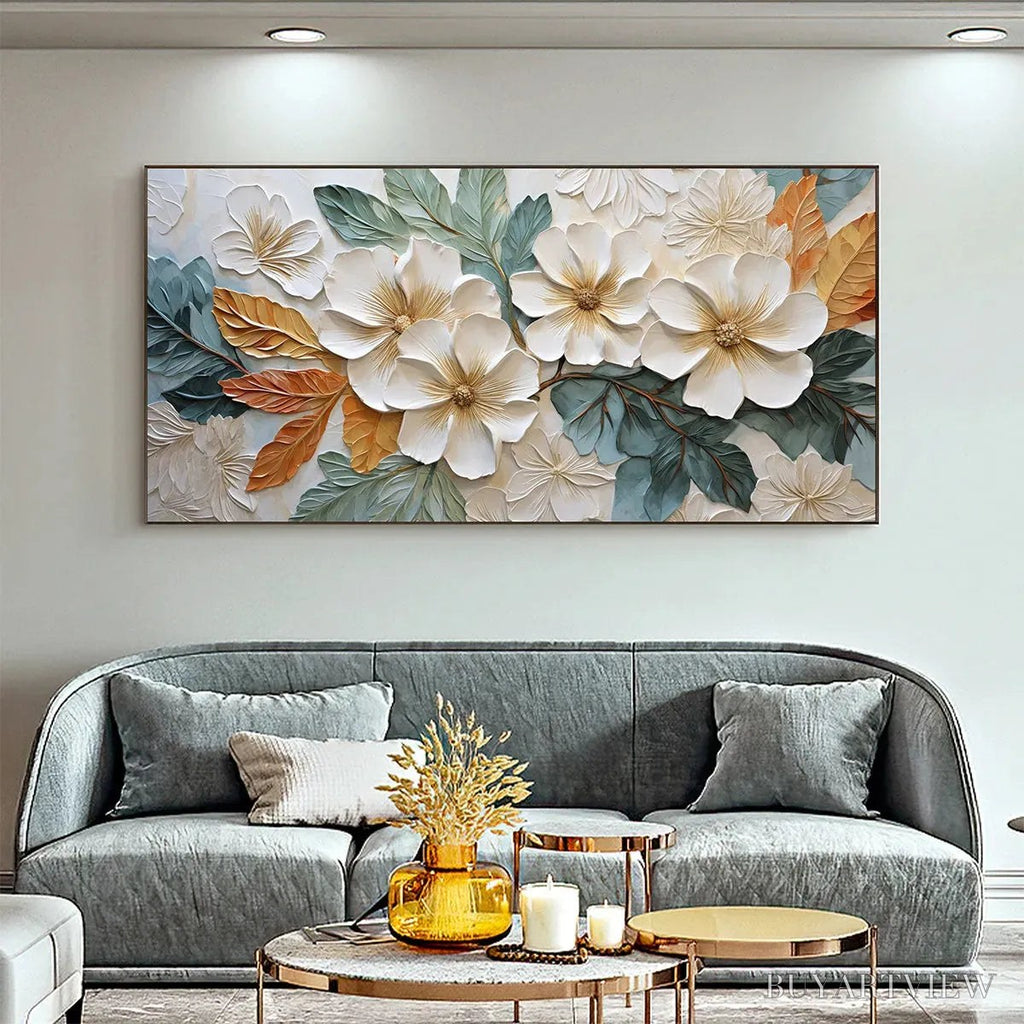 ARTOVITAS White Magnolias – Horizontal Textured Floral Painting, White and Gold Magnolias, Modern , Living Room, Bedroom - image 2