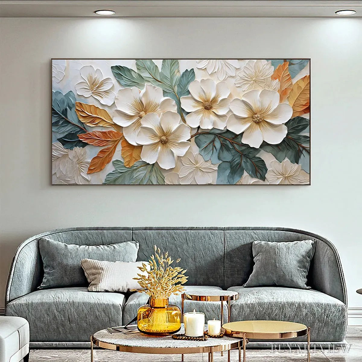 ARTOVITAS White Magnolias – Horizontal Textured Floral Painting, White and Gold Magnolias, Modern , Living Room, Bedroom - image 2