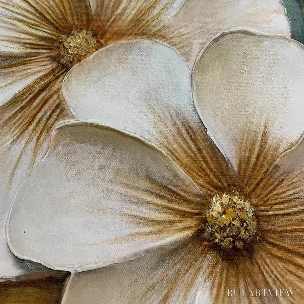 ARTOVITAS White Magnolias – Horizontal Textured Floral Painting, White and Gold Magnolias, Modern , Living Room, Bedroom - image 3