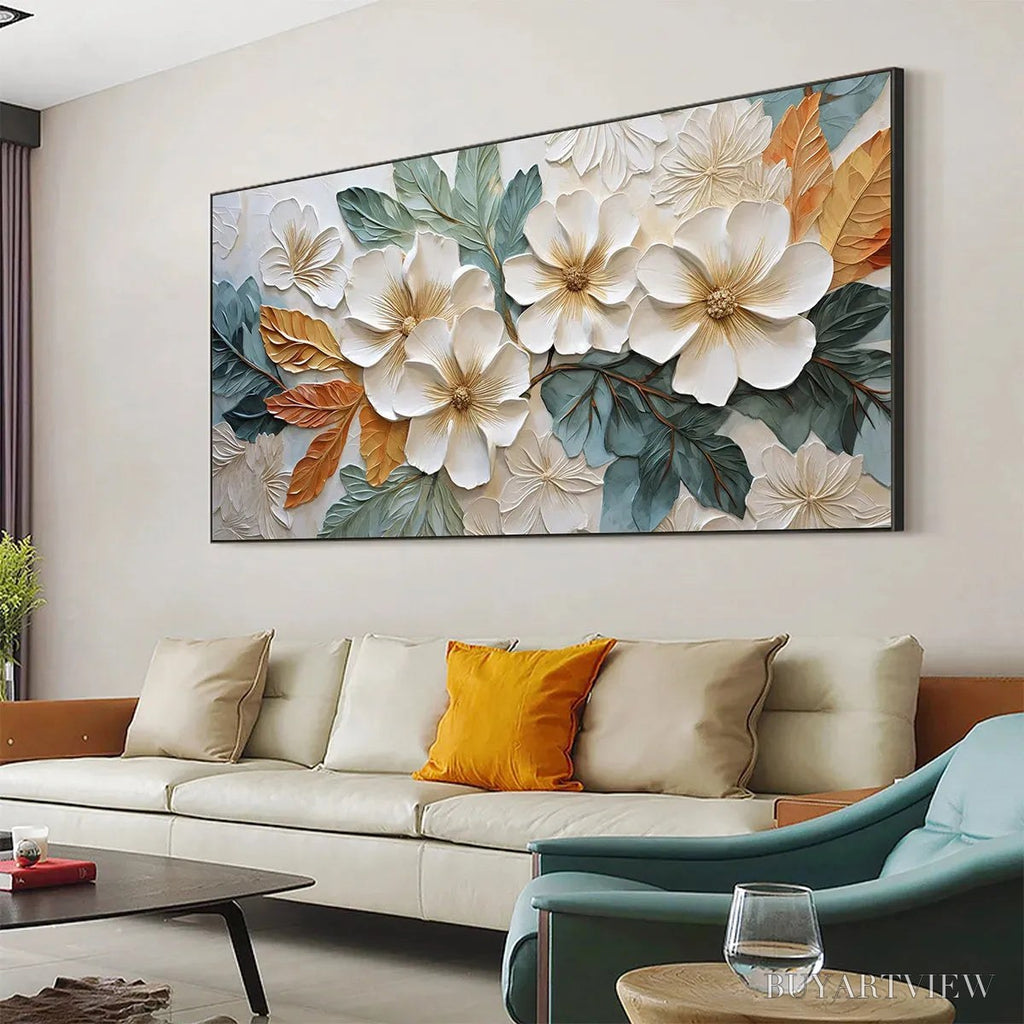 ARTOVITAS White Magnolias – Horizontal Textured Floral Painting, White and Gold Magnolias, Modern , Living Room, Bedroom - image 4