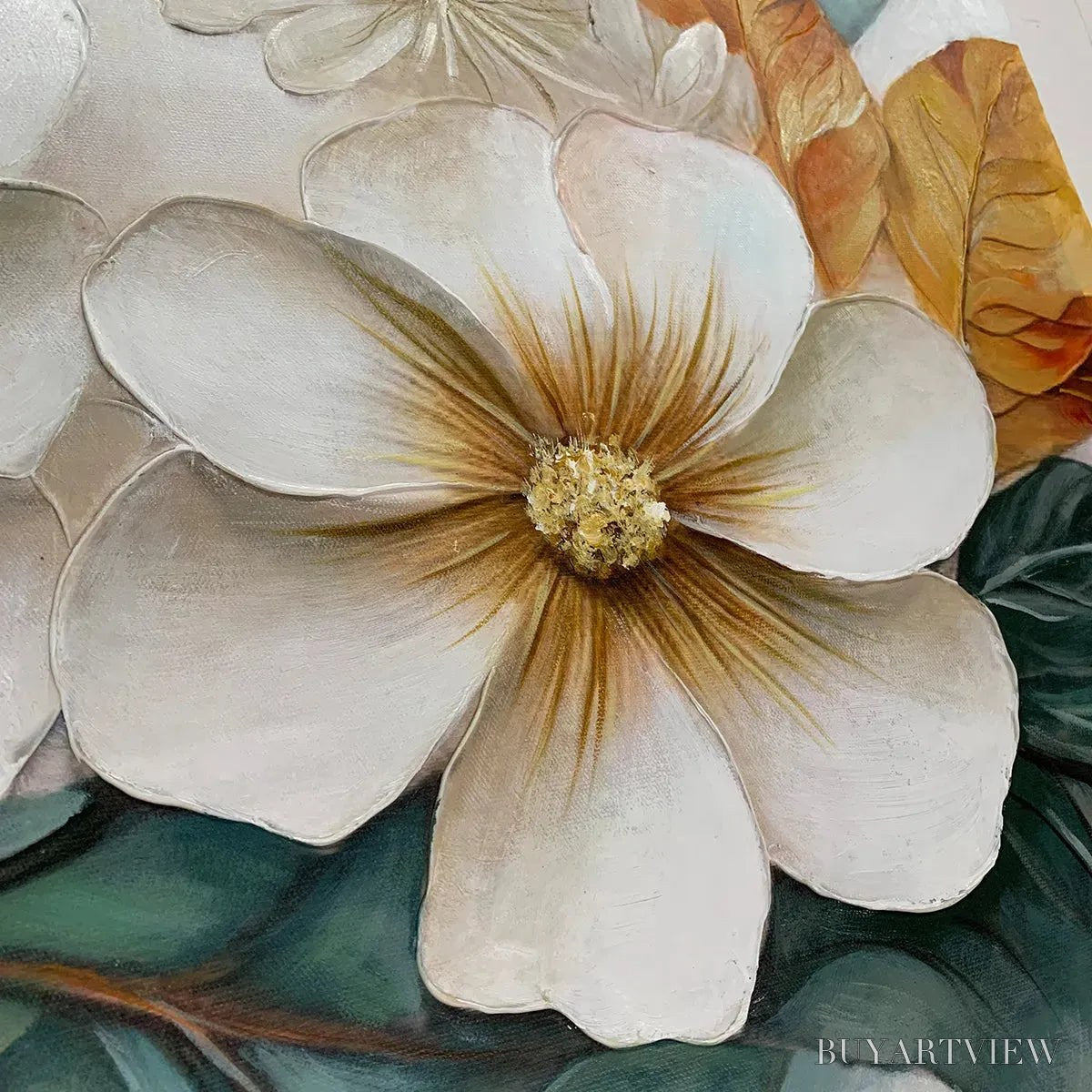 ARTOVITAS White Magnolias – Horizontal Textured Floral Painting, White and Gold Magnolias, Modern , Living Room, Bedroom - image 5