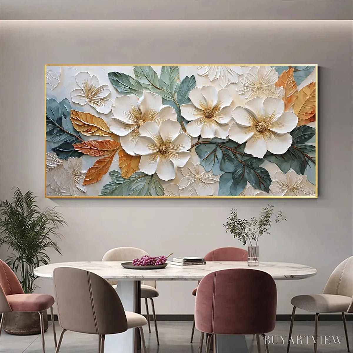 ARTOVITAS White Magnolias – Horizontal Textured Floral Painting, White and Gold Magnolias, Modern , Living Room, Bedroom - image 6
