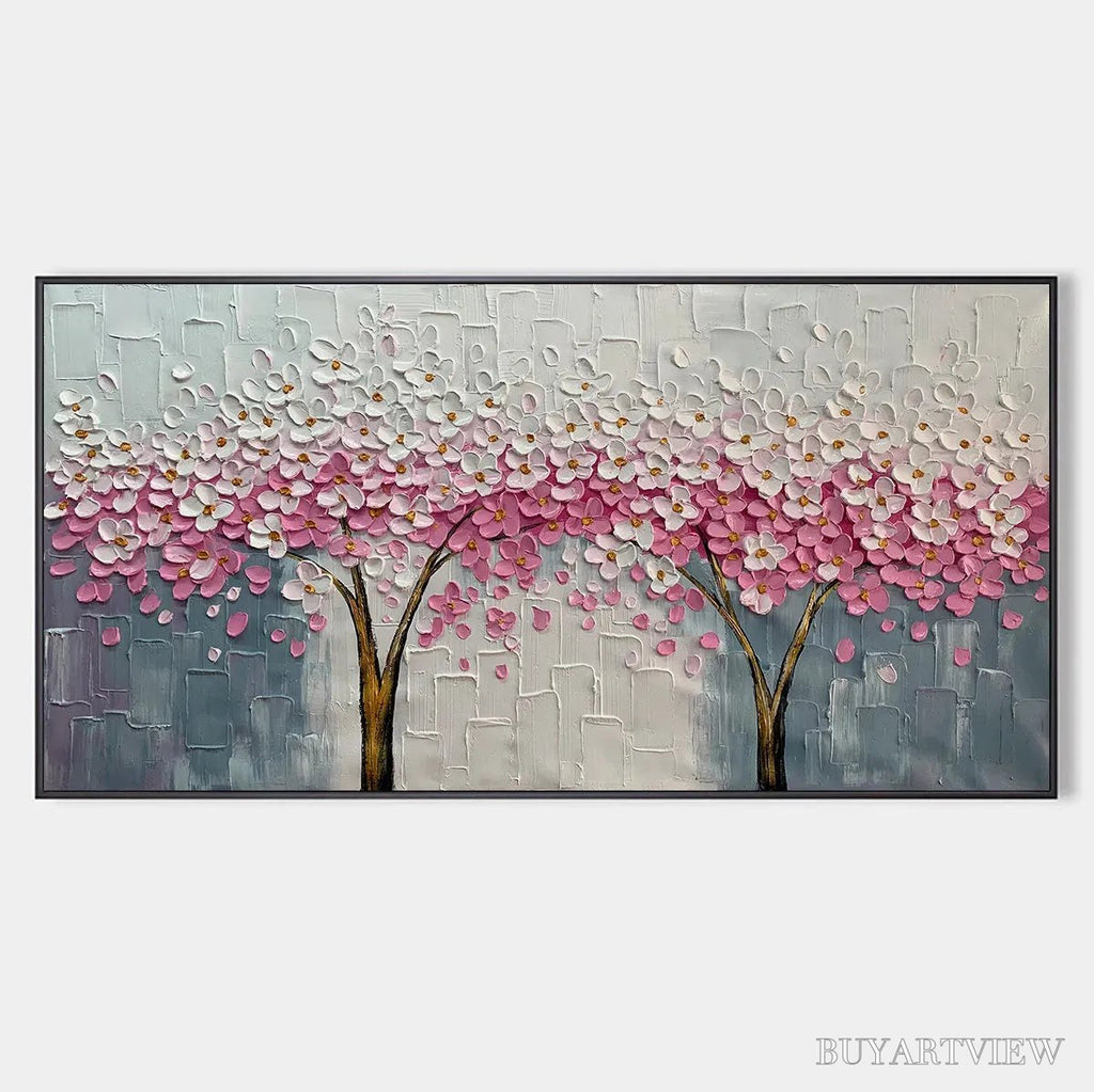 ARTOVITAS Spring Blossom – Panoramic Cherry Blossom Painting in Pink and White, Textured Impasto, Modern - image 1