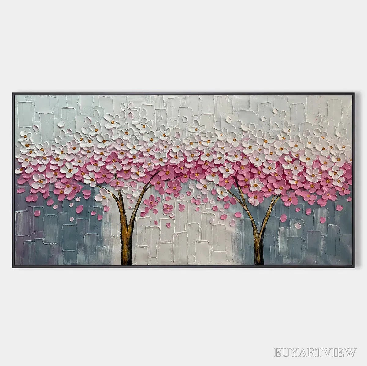 ARTOVITAS Spring Blossom – Panoramic Cherry Blossom Painting in Pink and White, Textured Impasto, Modern - image 1