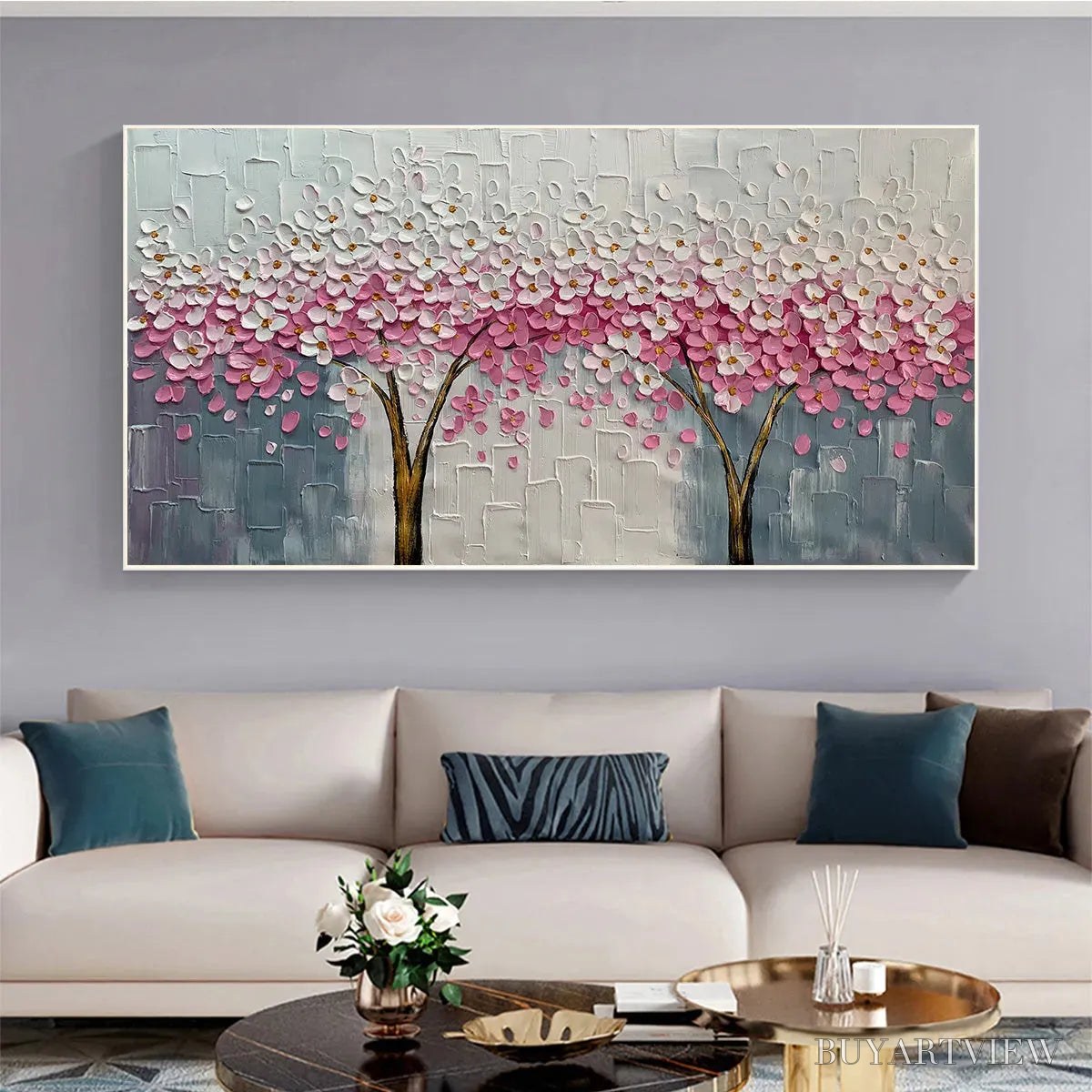 ARTOVITAS Spring Blossom – Panoramic Cherry Blossom Painting in Pink and White, Textured Impasto, Modern - image 2