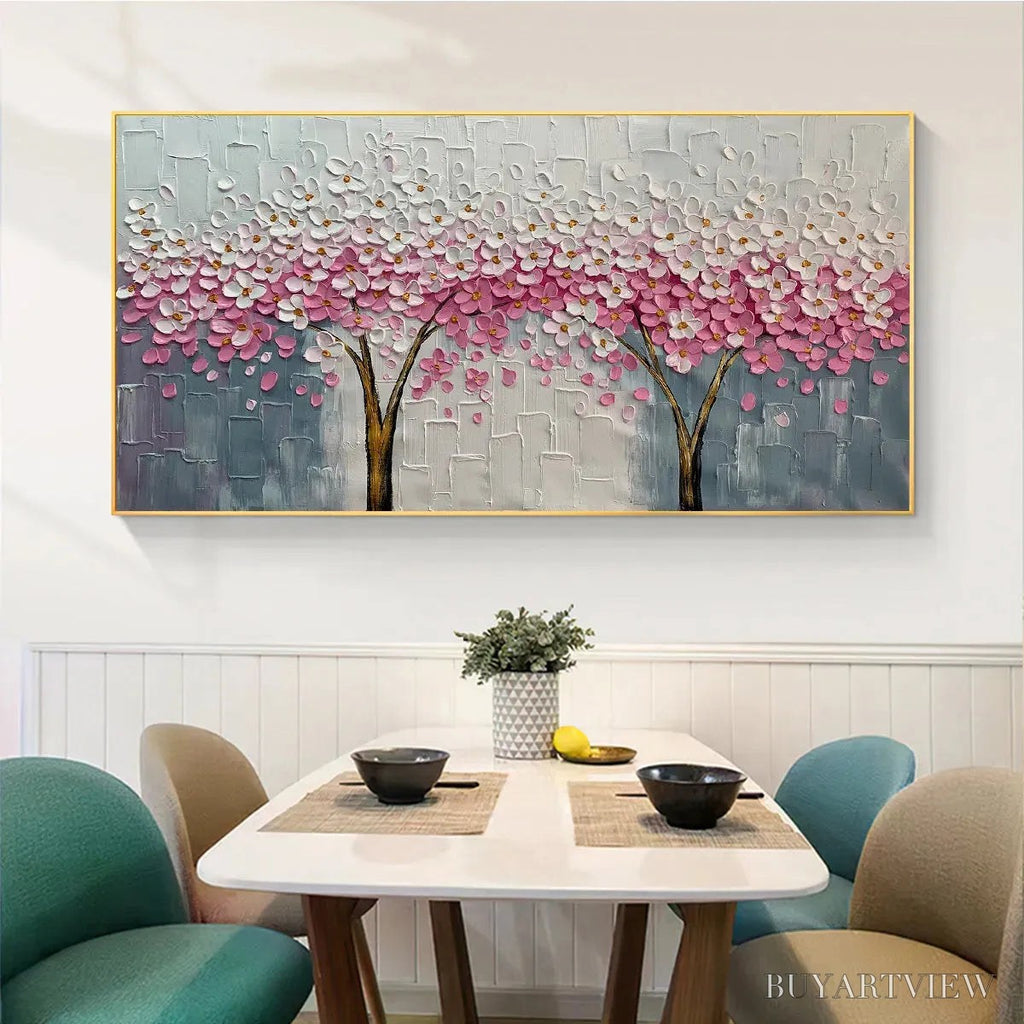 ARTOVITAS Spring Blossom – Panoramic Cherry Blossom Painting in Pink and White, Textured Impasto, Modern - image 4