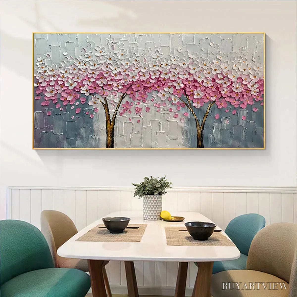 ARTOVITAS Spring Blossom – Panoramic Cherry Blossom Painting in Pink and White, Textured Impasto, Modern - image 4