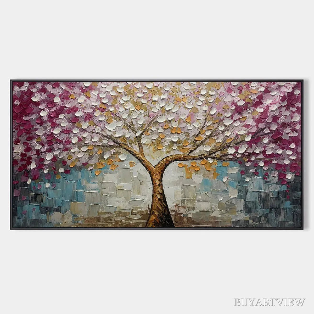 ARTOVITAS Cherry Blossom Dream – Panoramic Textured Impasto Painting of a Cherry Blossom Tree, Modern , Pink and Gold - image 1