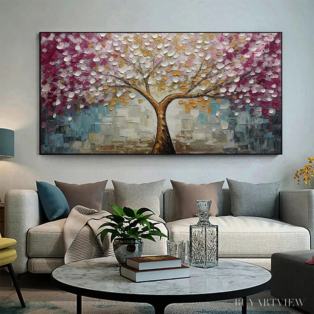 ARTOVITAS Cherry Blossom Dream – Panoramic Textured Impasto Painting of a Cherry Blossom Tree, Modern , Pink and Gold - image 2