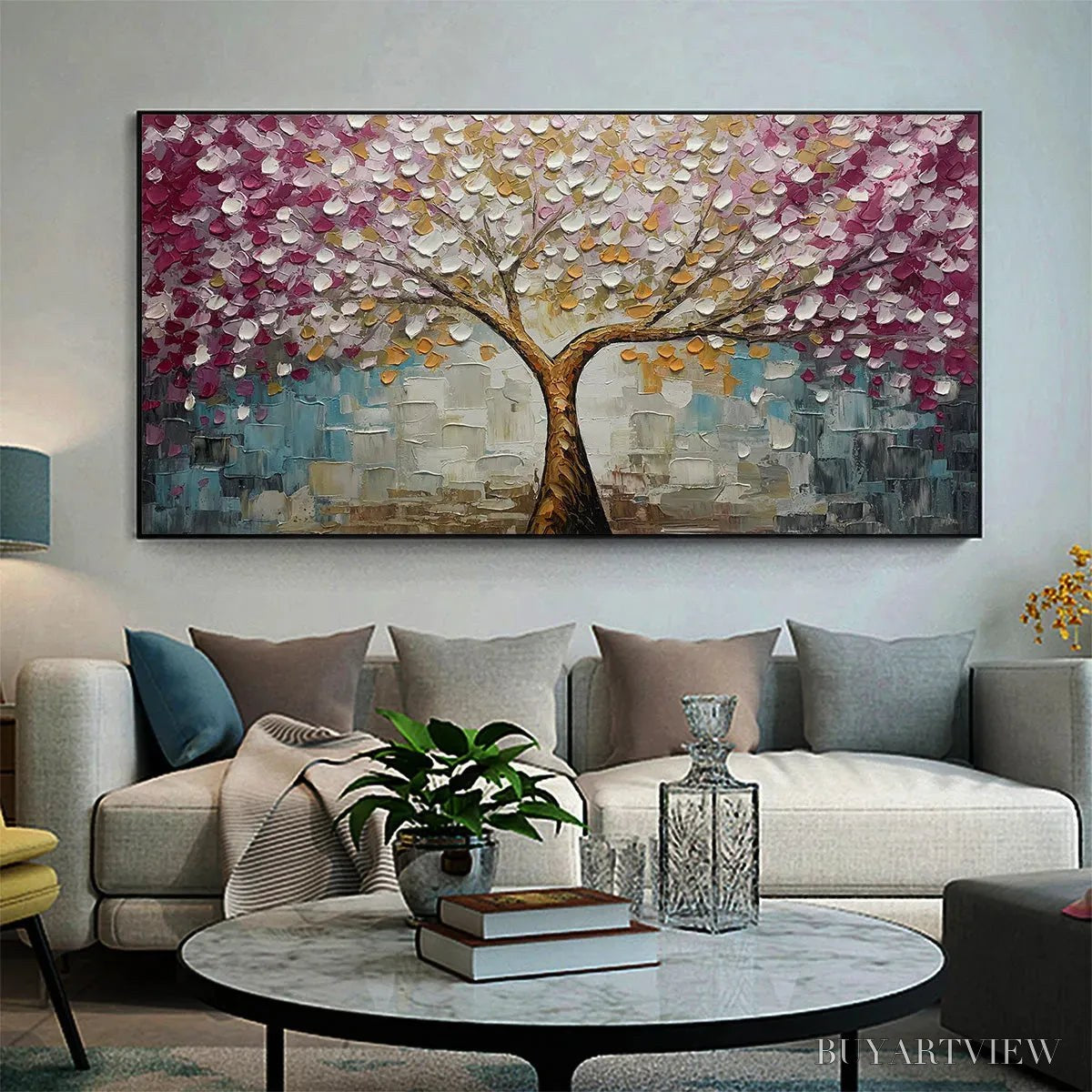 ARTOVITAS Cherry Blossom Dream – Panoramic Textured Impasto Painting of a Cherry Blossom Tree, Modern , Pink and Gold - image 2