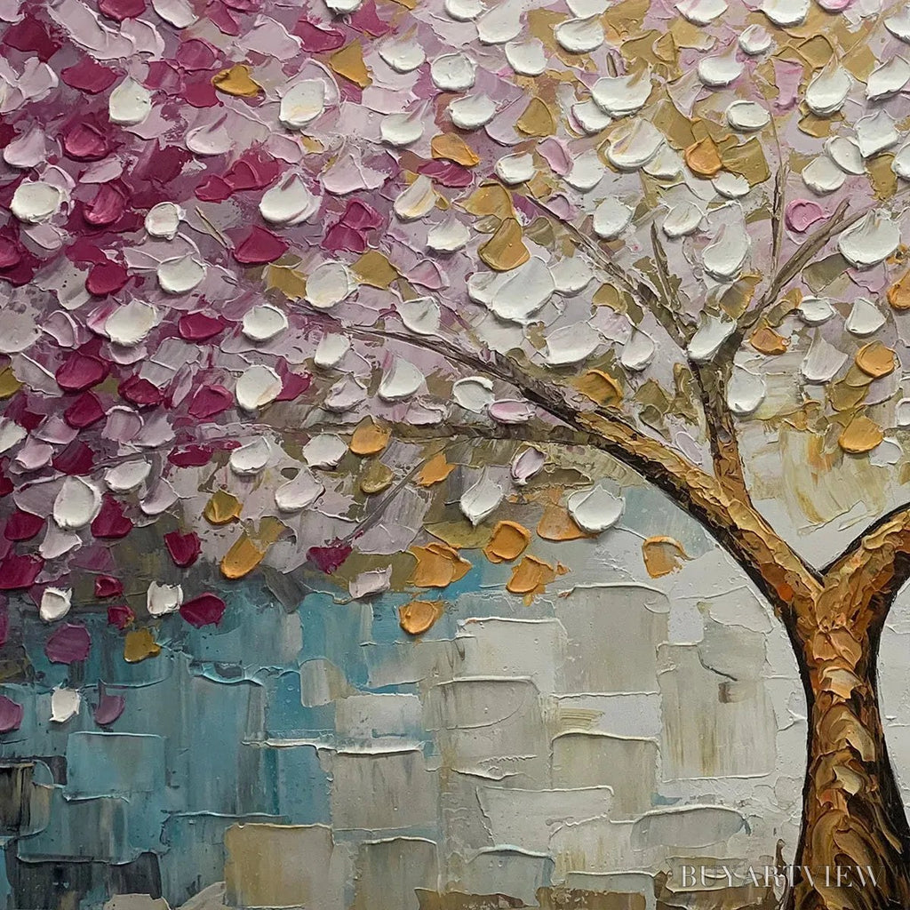 ARTOVITAS Cherry Blossom Dream – Panoramic Textured Impasto Painting of a Cherry Blossom Tree, Modern , Pink and Gold - image 3