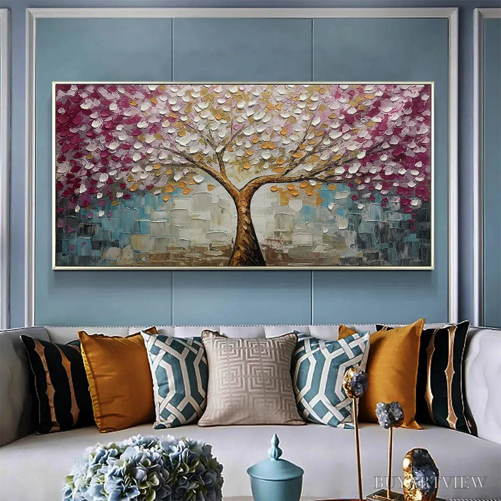 ARTOVITAS Cherry Blossom Dream – Panoramic Textured Impasto Painting of a Cherry Blossom Tree, Modern , Pink and Gold - image 4