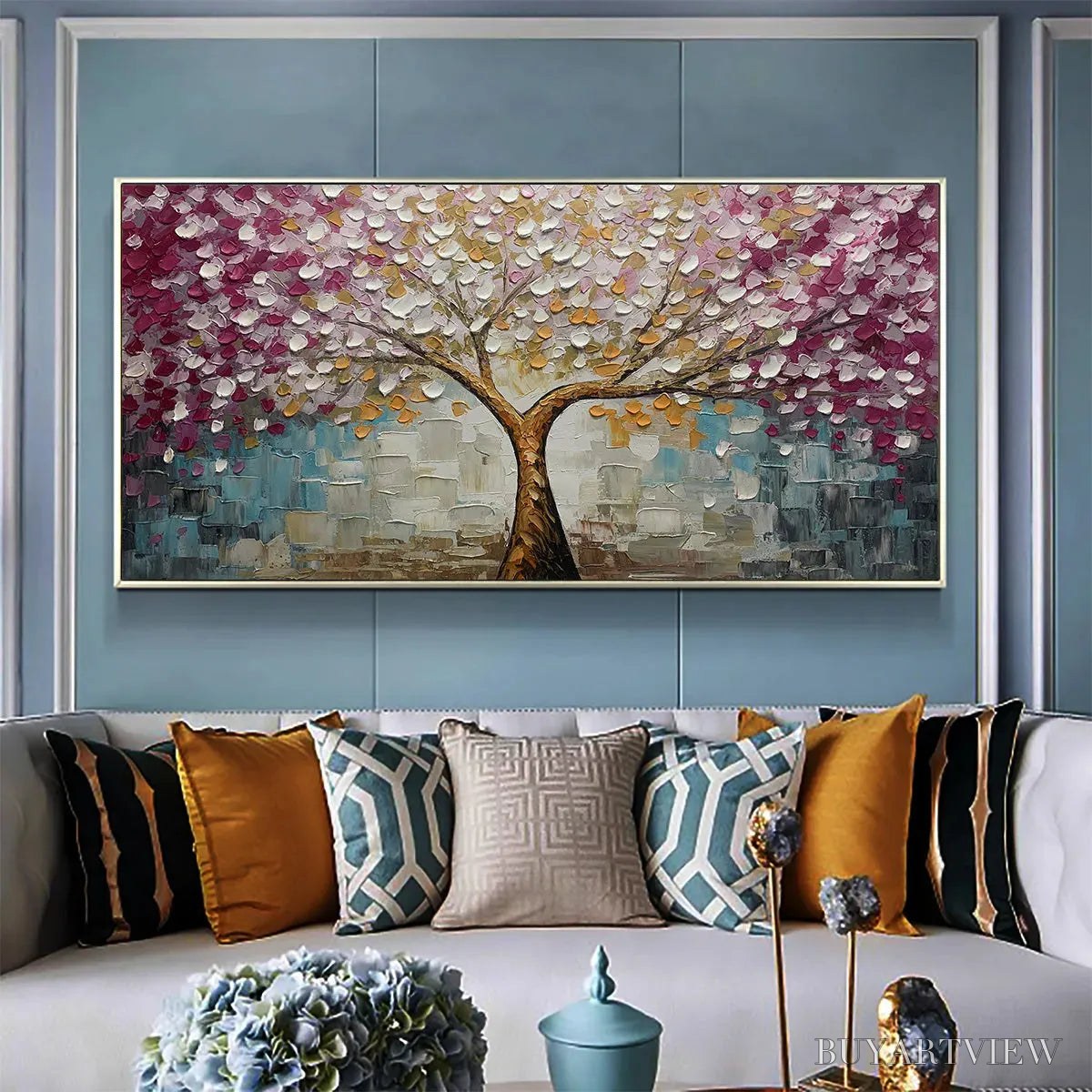 ARTOVITAS Cherry Blossom Dream – Panoramic Textured Impasto Painting of a Cherry Blossom Tree, Modern , Pink and Gold - image 4