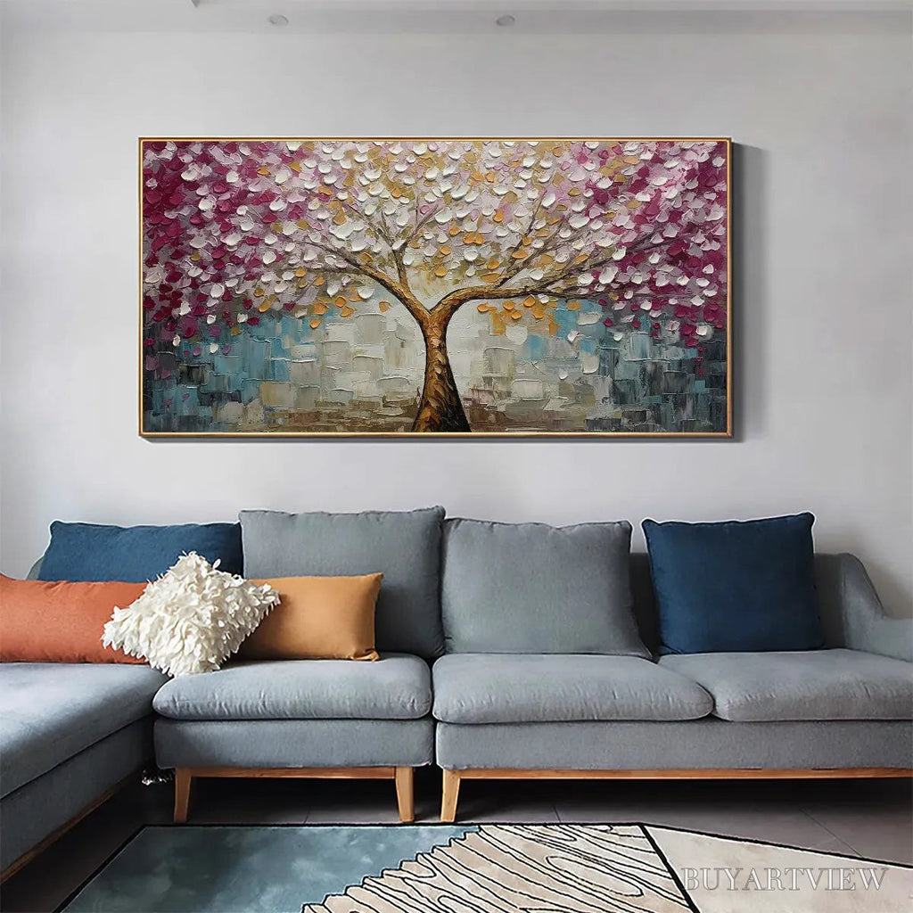 ARTOVITAS Cherry Blossom Dream – Panoramic Textured Impasto Painting of a Cherry Blossom Tree, Modern , Pink and Gold - image 5