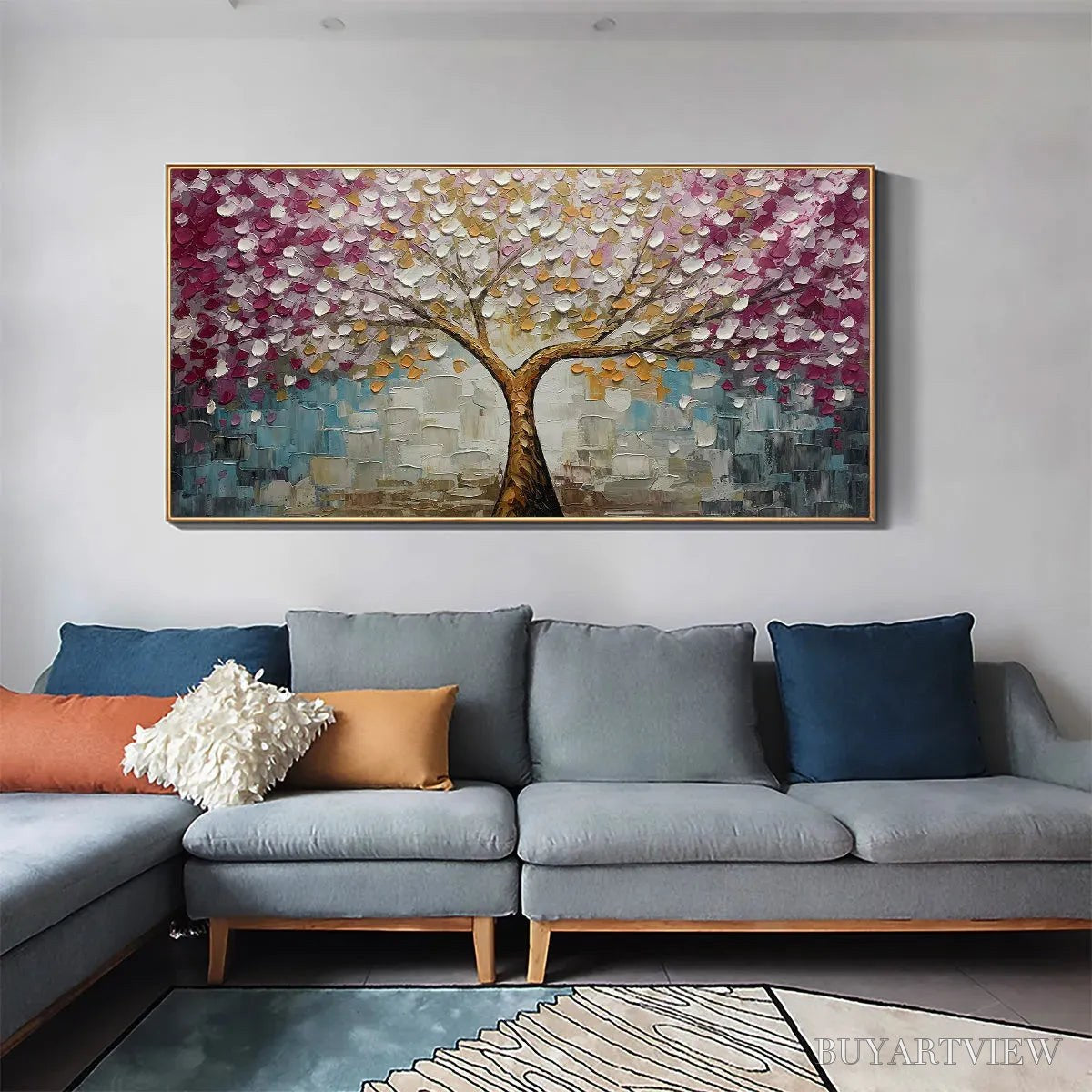 ARTOVITAS Cherry Blossom Dream – Panoramic Textured Impasto Painting of a Cherry Blossom Tree, Modern , Pink and Gold - image 5