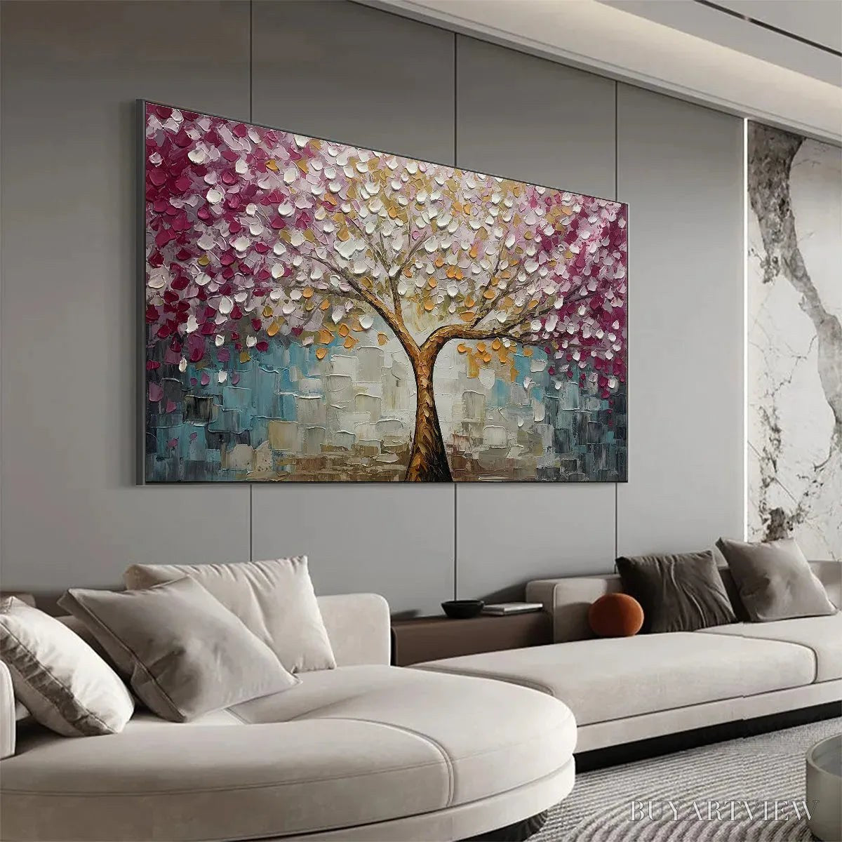 ARTOVITAS Cherry Blossom Dream – Panoramic Textured Impasto Painting of a Cherry Blossom Tree, Modern , Pink and Gold - image 6