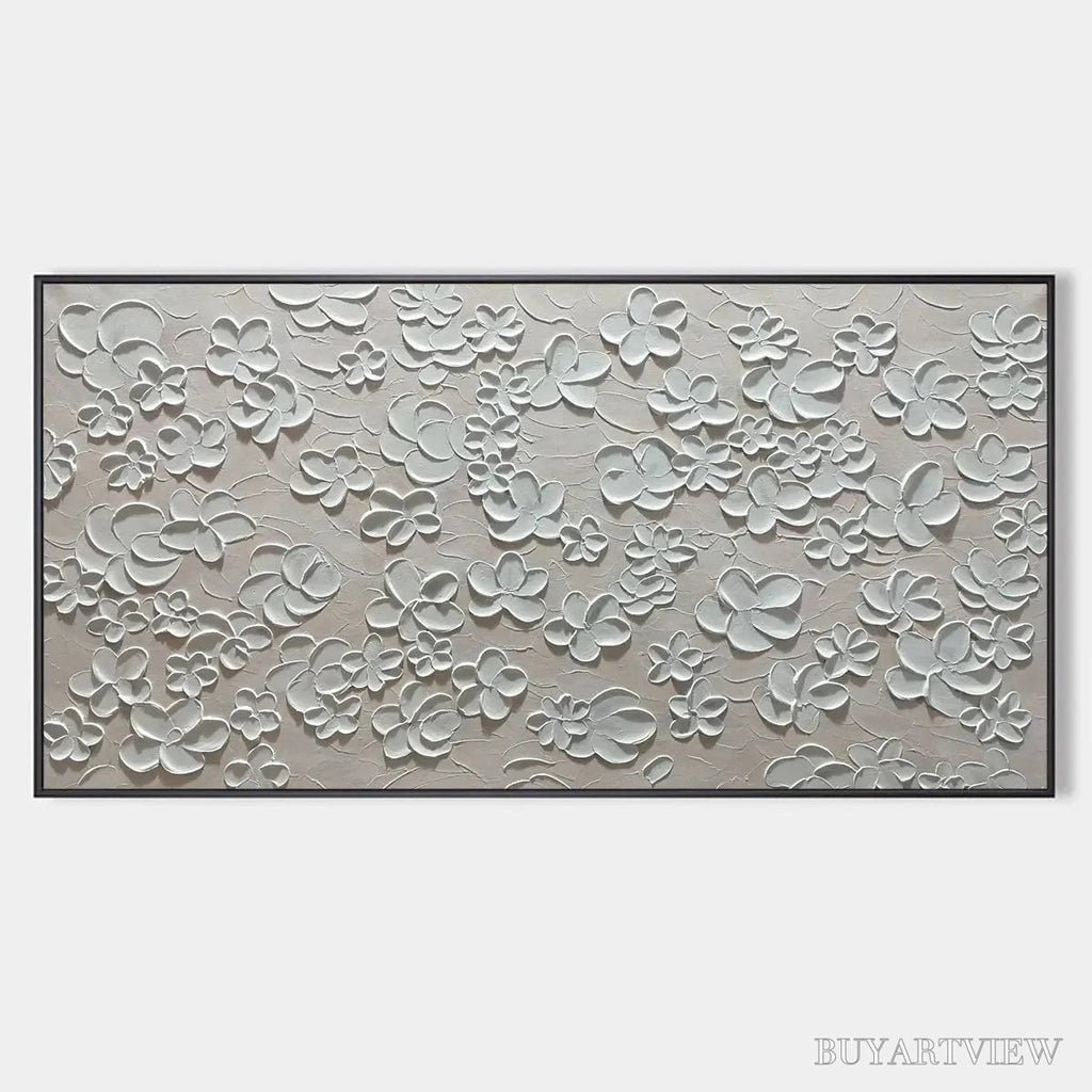 ARTOVITAS Blanc Bloom – Textured White Floral Painting, Horizontal Canvas, Minimalist - image 1