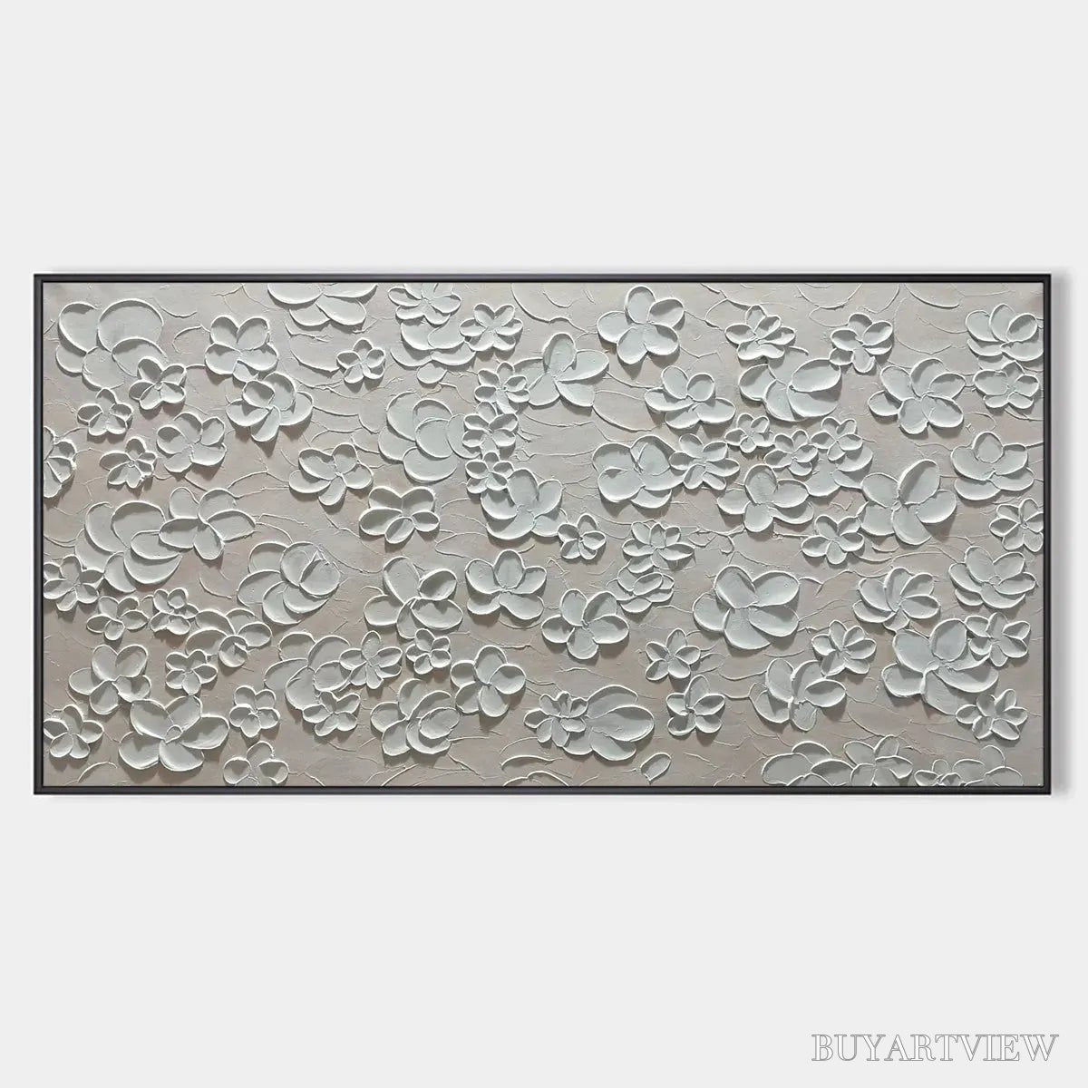ARTOVITAS Blanc Bloom – Textured White Floral Painting, Horizontal Canvas, Minimalist - image 1