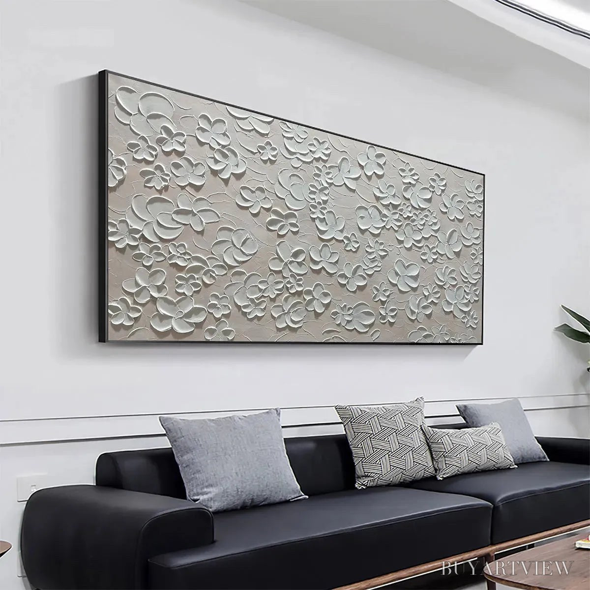 ARTOVITAS Blanc Bloom – Textured White Floral Painting, Horizontal Canvas, Minimalist - image 2