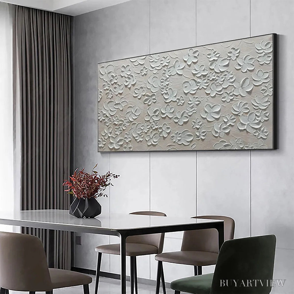 ARTOVITAS Blanc Bloom – Textured White Floral Painting, Horizontal Canvas, Minimalist - image 4
