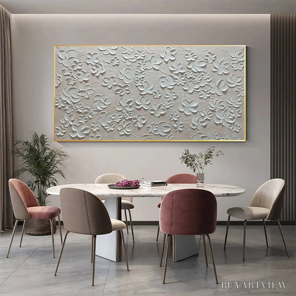 ARTOVITAS Blanc Bloom – Textured White Floral Painting, Horizontal Canvas, Minimalist - image 5