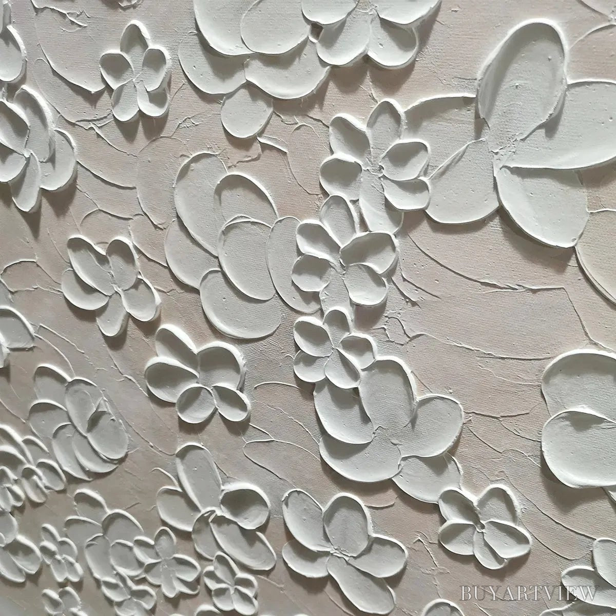 ARTOVITAS Blanc Bloom – Textured White Floral Painting, Horizontal Canvas, Minimalist - image 6