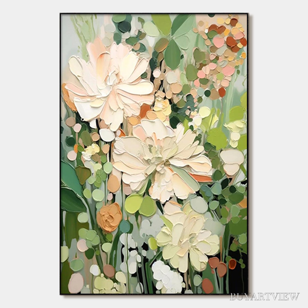 ARTOVITAS Blushing Blooms – Textured Floral Painting, Impasto Palette Knife, Vertical Canvas, Modern Floral - image 1