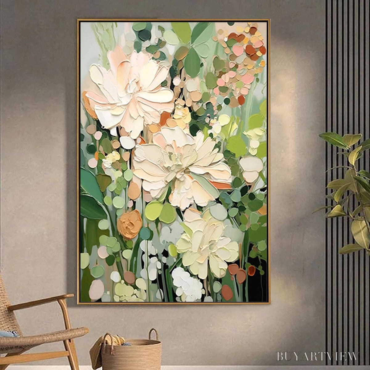 ARTOVITAS Blushing Blooms – Textured Floral Painting, Impasto Palette Knife, Vertical Canvas, Modern Floral - image 2