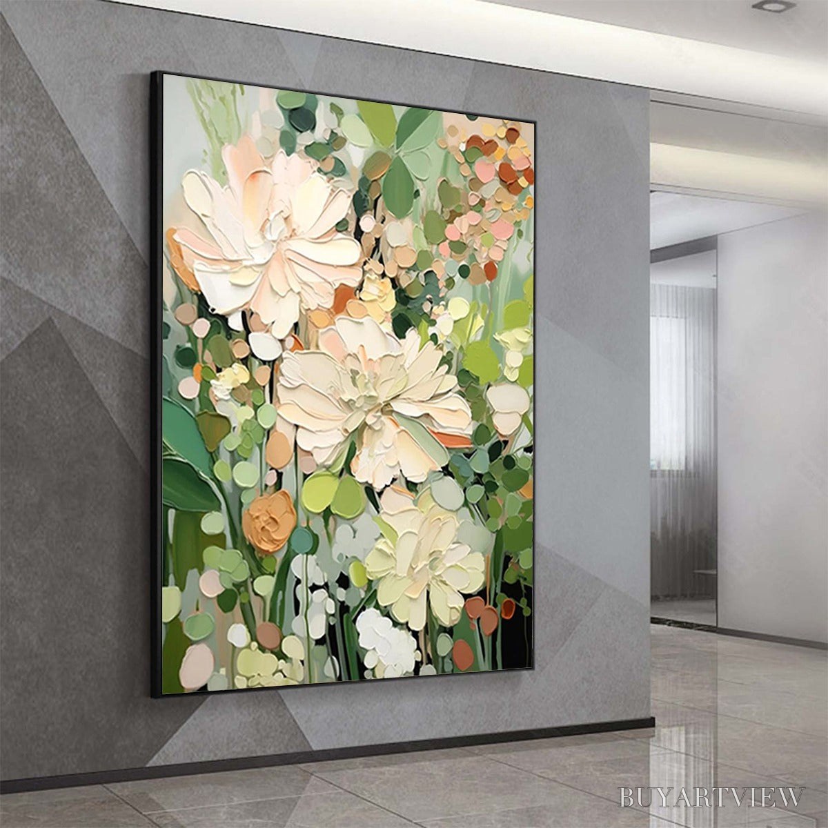 ARTOVITAS Blushing Blooms – Textured Floral Painting, Impasto Palette Knife, Vertical Canvas, Modern Floral - image 4
