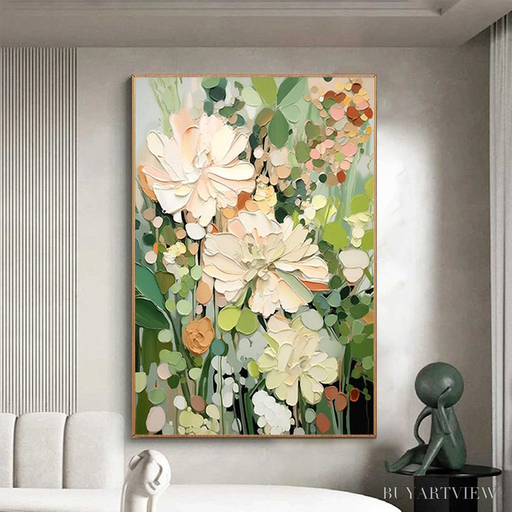 ARTOVITAS Blushing Blooms – Textured Floral Painting, Impasto Palette Knife, Vertical Canvas, Modern Floral - image 5