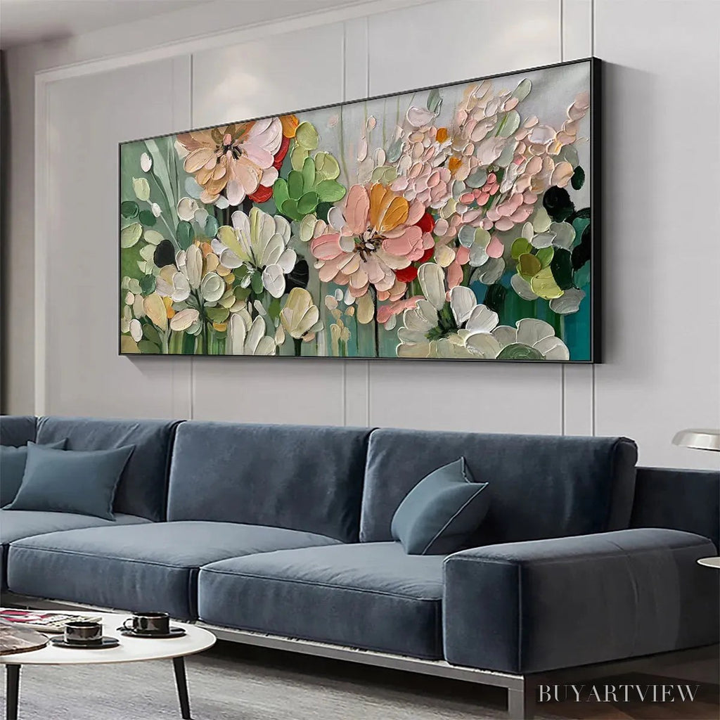 ARTOVITAS Garden Delight – Textured Floral Painting, Impasto Palette Knife, Horizontal Canvas, Garden - image 4