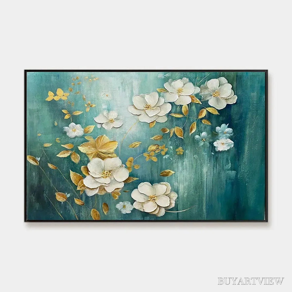 ARTOVITAS Golden Garden – White and Gold Floral Painting, Teal Green Background , Horizontal Canvas, Impressionist Decor - image 1