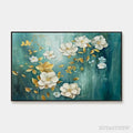 ARTOVITAS Golden Garden – White and Gold Floral Painting, Teal Green Background , Horizontal Canvas, Impressionist Decor - image 1